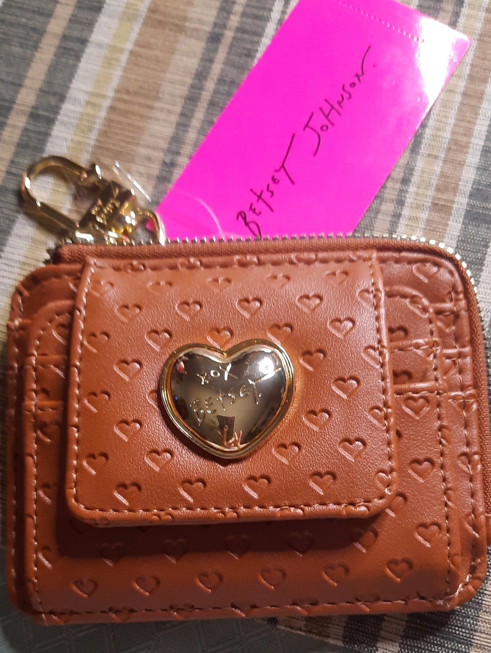 Betsey Johnson Tan Heart-Embossed Zip Card Wallet with Gold Heart Plaque